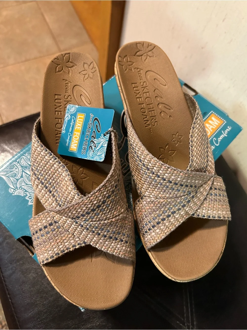Skechers Woven Cross-Strap Cork Wedge Sandals in Beige and Multi Colors